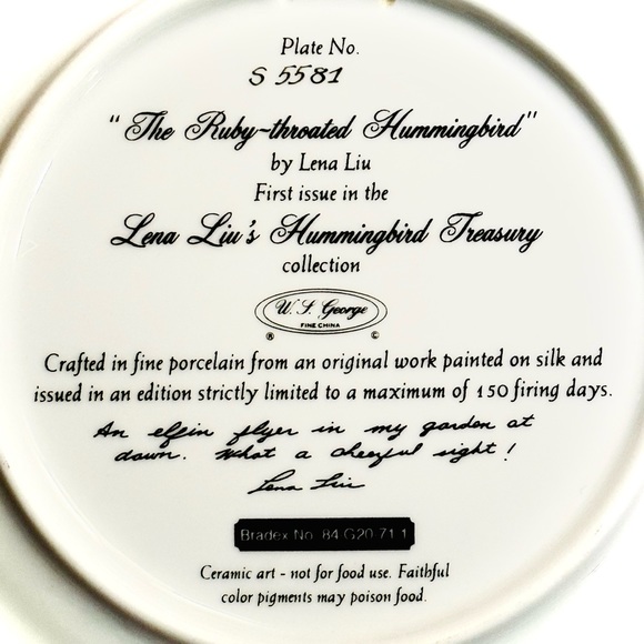 LENA LIU ‘RUBY THROATED HUMMINGBIRD’ COLLECTOR’S PORCELAIN PLATE — First Issue - Picture 7 of 9